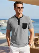 Mens Color-Block Pocket Waffle-Knit Henley T-Shirt view 10