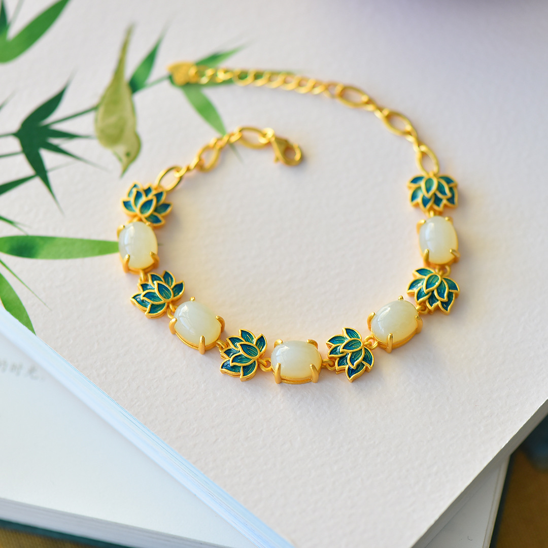 Ancient Gold Craft Inlaid Natural Jade Bracelet