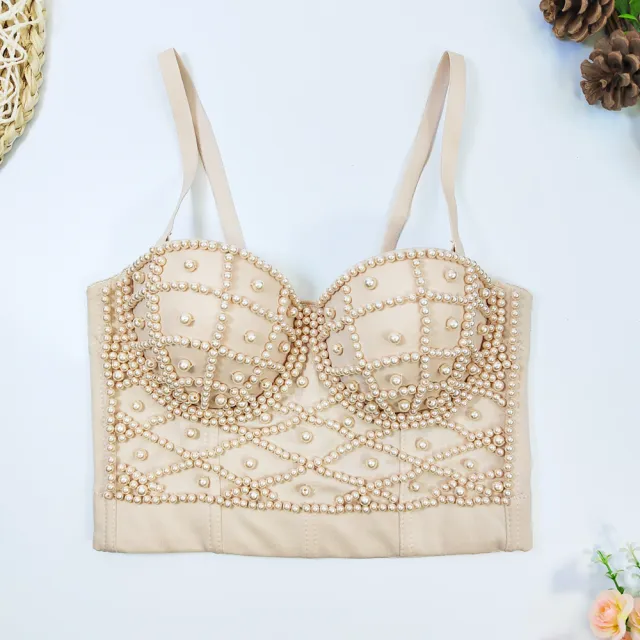 Women's Fashionable Elegant Pearl Spaghetti strap Camisole Top With Chest Pad Apricot - Shop at LoveMi