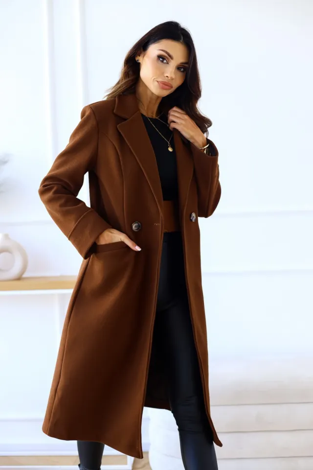 Simple Double Breasted Long Sleeve Lapel Button Woolen Coat Brown - Shop at LoveMi