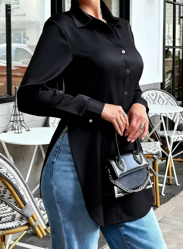 Womens Solid Color Irregular Hem Long Sleeve Satin Shirt Black - Shop at LoveMi