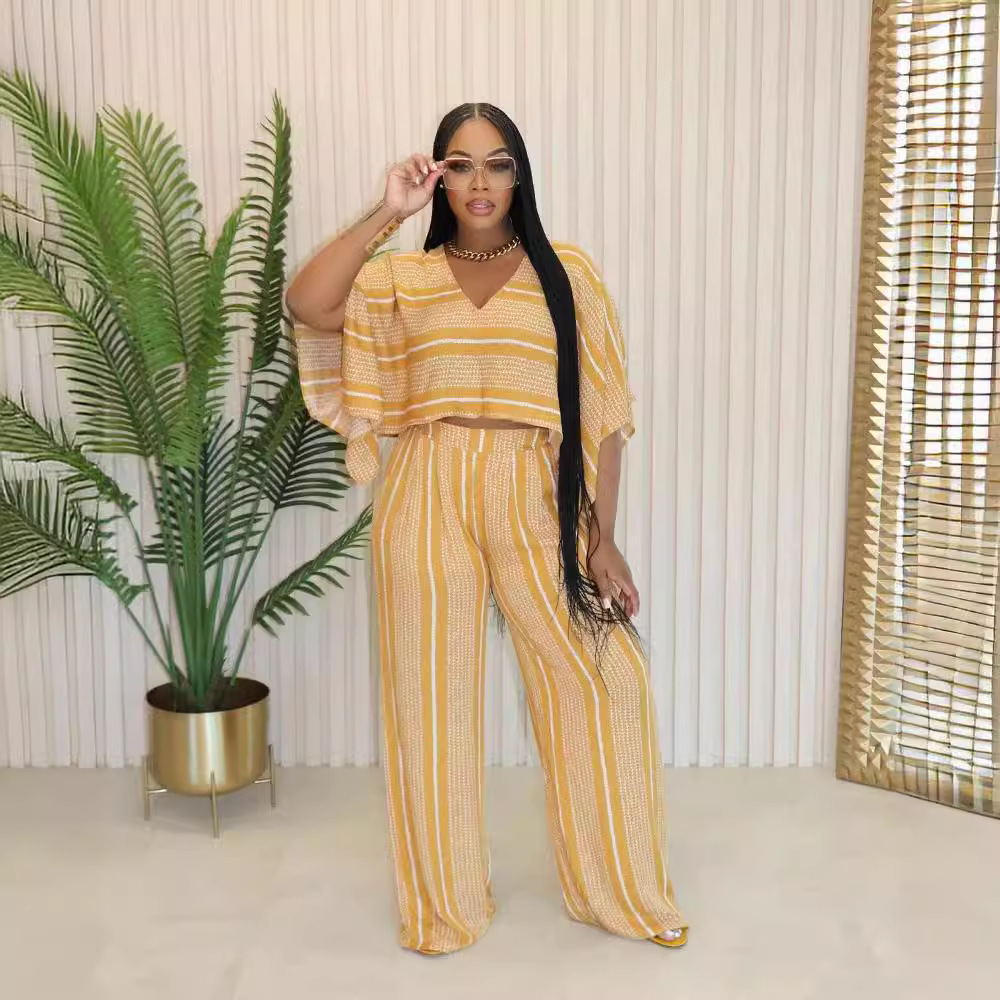 Womens Summer V-Neck Printed Loose-Sleeve Casual Two-Piece Set