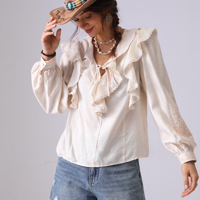 Embroidered Shirt Women's Spring Apricot Color