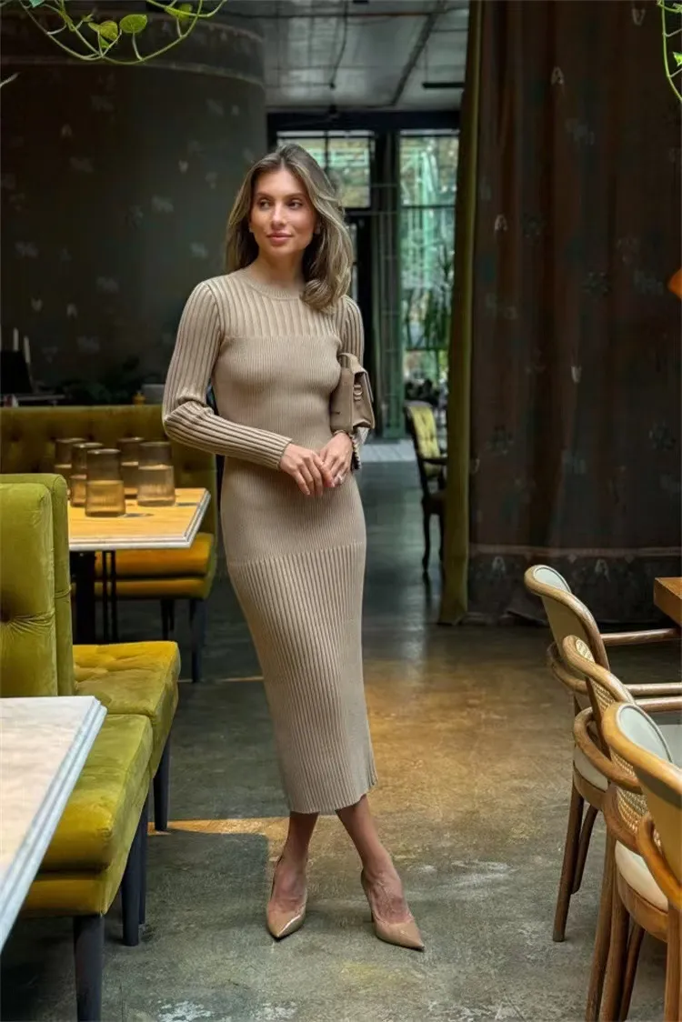 Autumn And Winter Women's Knitted Round Neck Sunken Stripe Pure Colour Tight Dress - Khaki