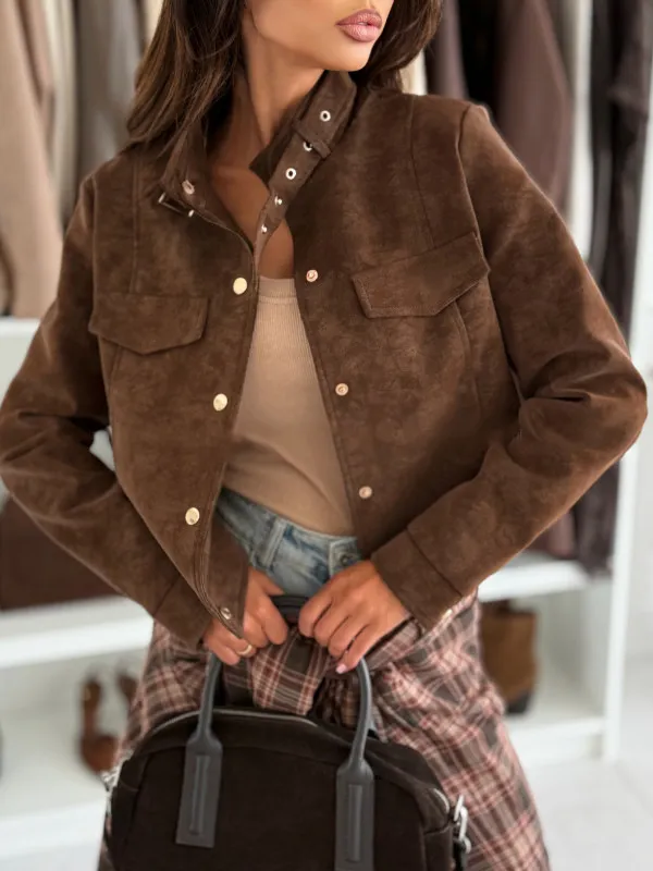 Women's Zipper Short Chic Suede Jacket Brown - Shop at LoveMi