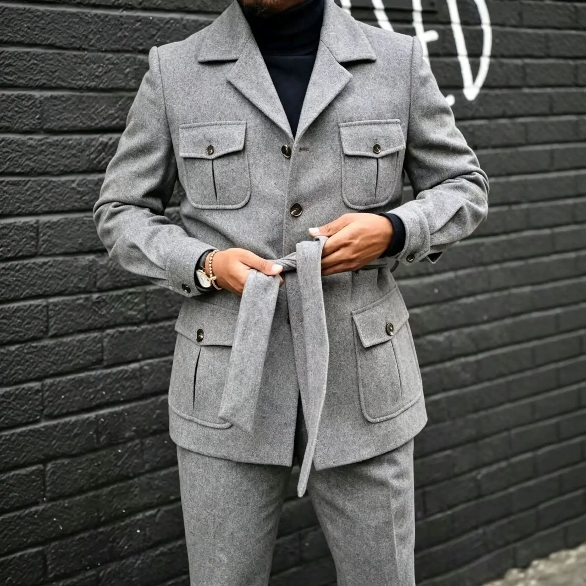 Mens Lapel Single-breasted Waist-cinched Coat