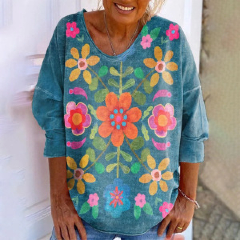 Digital-print V-neck Casual And Comfortable Long-sleeve Top