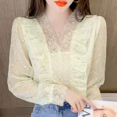 Design Sense Niche Wooden Ear Lace Collar Bubble Long Sleeve Floral Sweet Chiffon Shirt - View 1