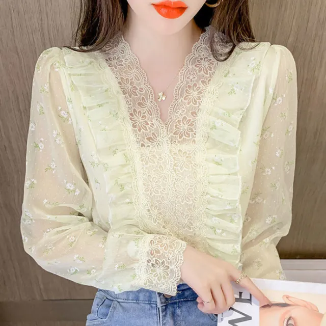 Design Sense Niche Wooden Ear Lace Collar Bubble Long Sleeve Floral Sweet Chiffon Shirt - Shop at LoveMi