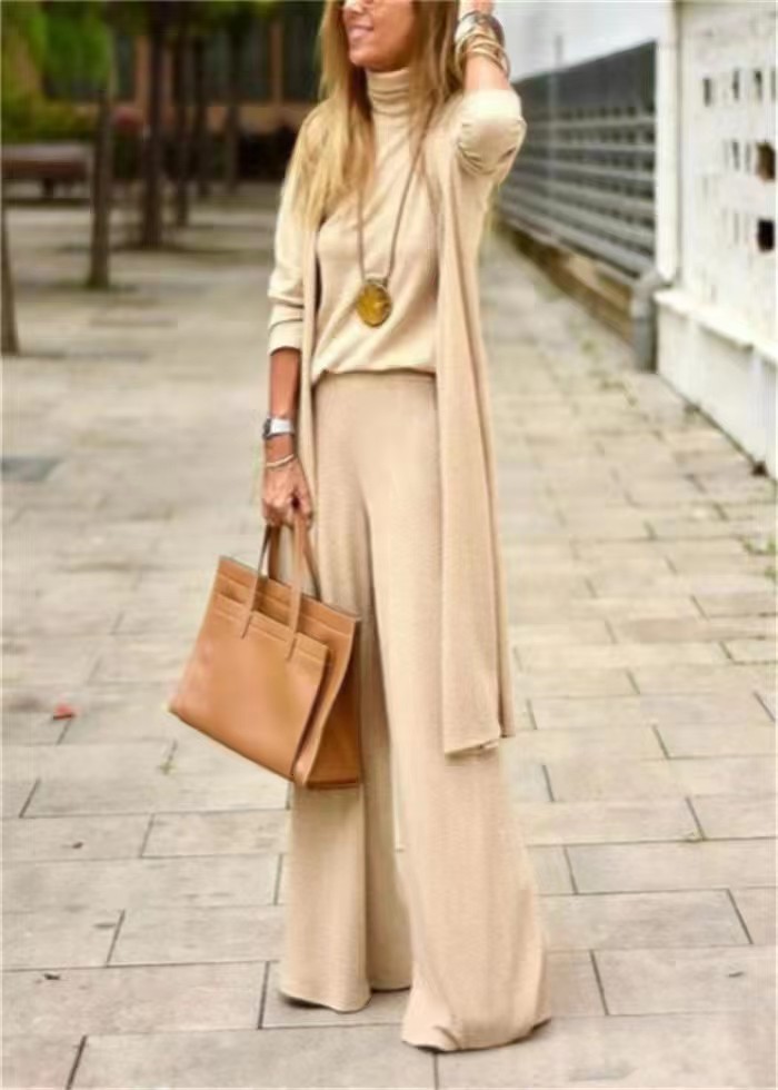 New Casual Fashion Solid Color Long Three-piece Set