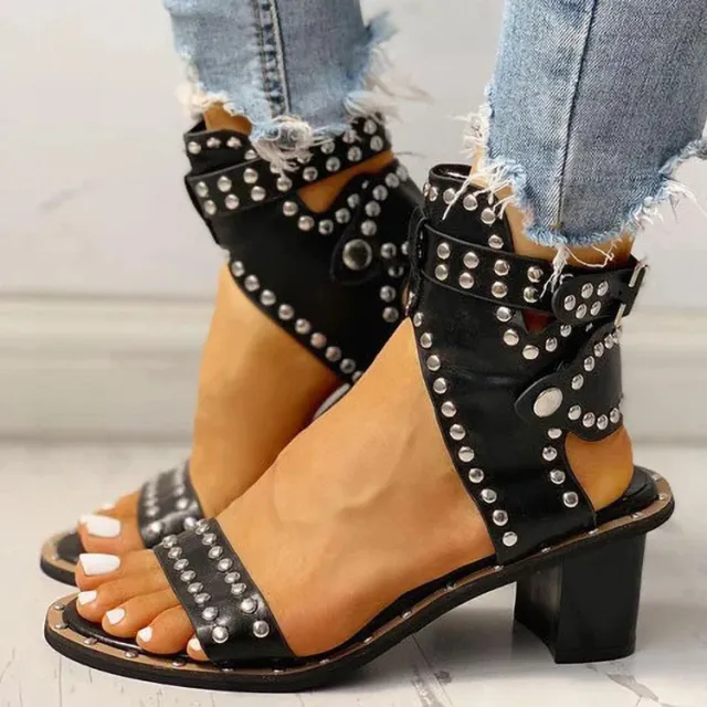 Fashion Rivet Belt Buckle Chunky Heel Sandals For Women Black - Shop at LoveMi