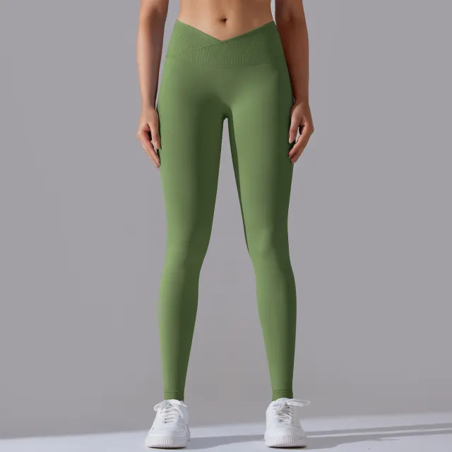 Women's Seamless Knit Breathable Solid Color Cross Waist Yoga Trousers Army Green - Shop at LoveMi