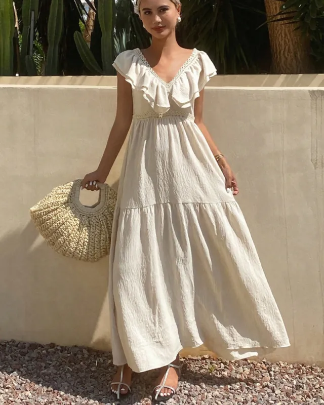 Summer New European And American Flying Sleeves Loose V neck Dress Women Apricot - Shop at LoveMi