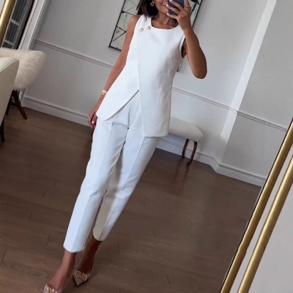 Solid Color Versatile Casual Sleeveless Suit Set