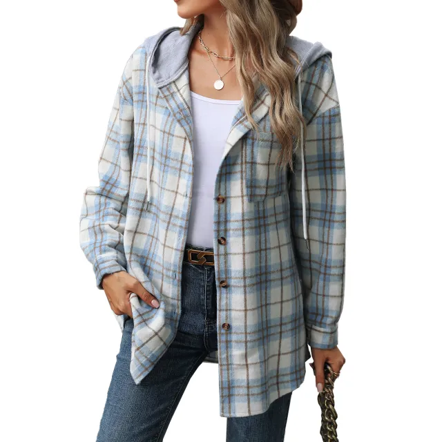 Hooded Multi button Plaid Long Sleeve Loose Woolen Coat Blue - Shop at LoveMi