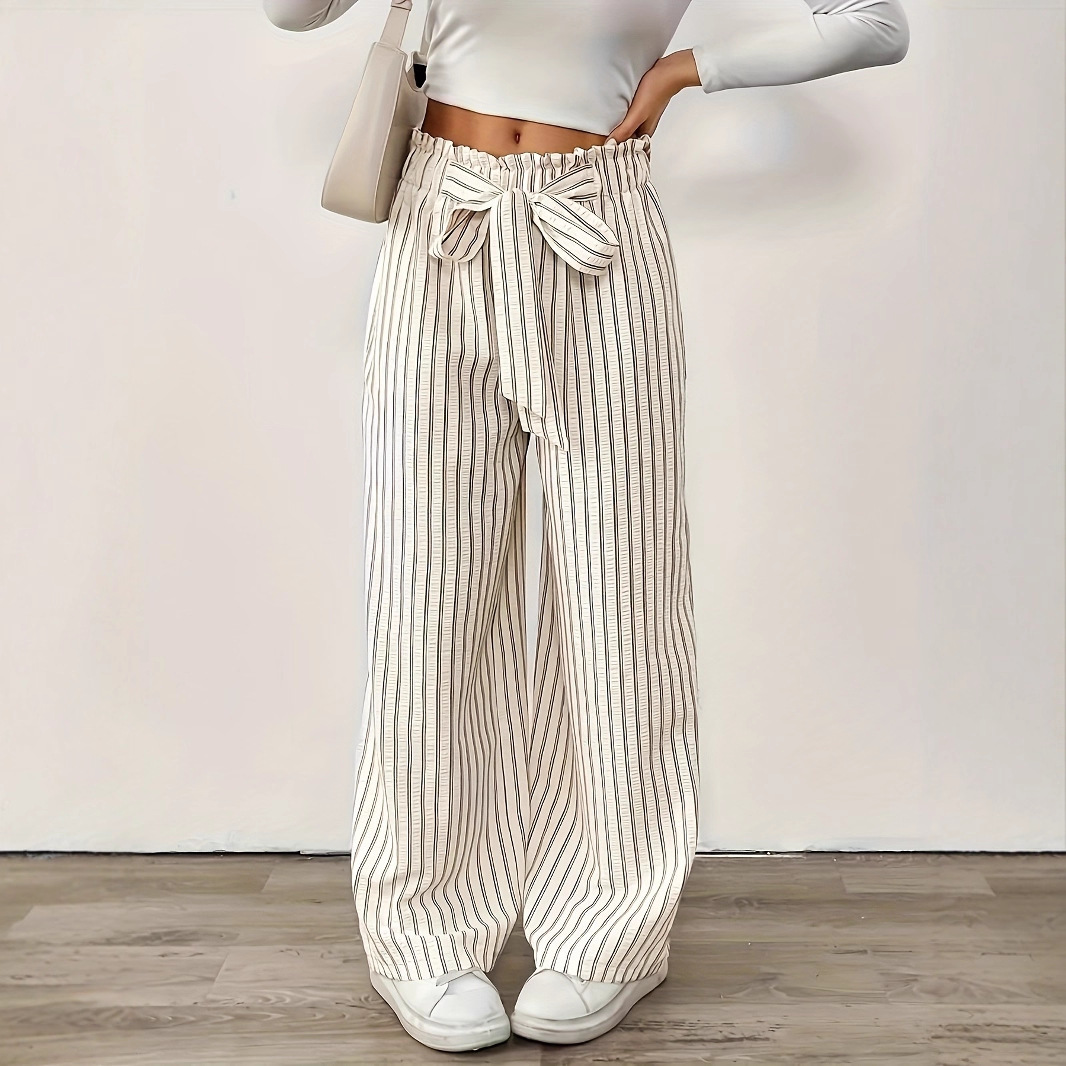 Womens Casual Striped Straight-leg Pants With An Adjustable Bow-tie Waistband