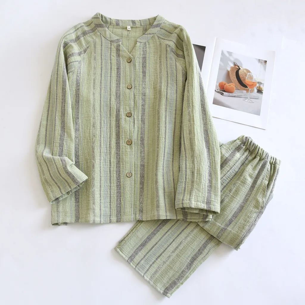 Women's V-neck Cotton Double-layer Crepe Pajamas Suit - Green Color Stripes Suit