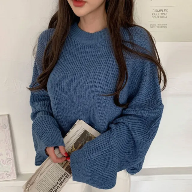 Loose Casual Solid Color Long Sweater For Women Blue - Shop at LoveMi
