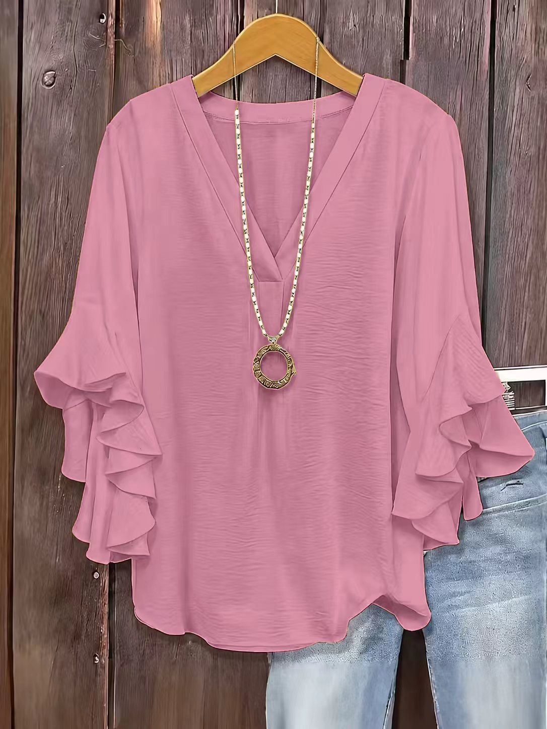 Fashionable Plus-Size Womens Shirt With Buttons And Ruffle Sleeves