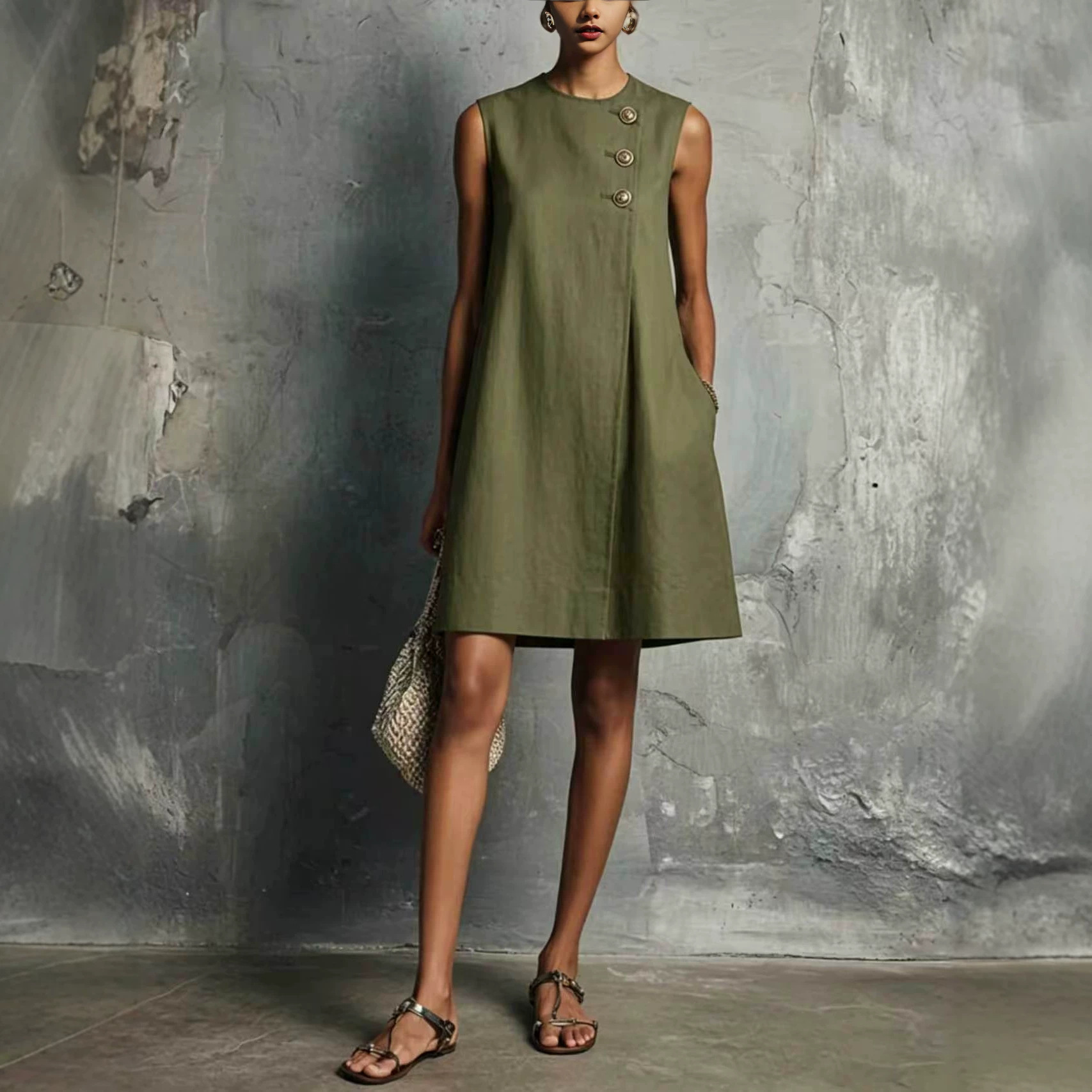 Asymmetrical-button Side-pocket Sleeveless Dress
