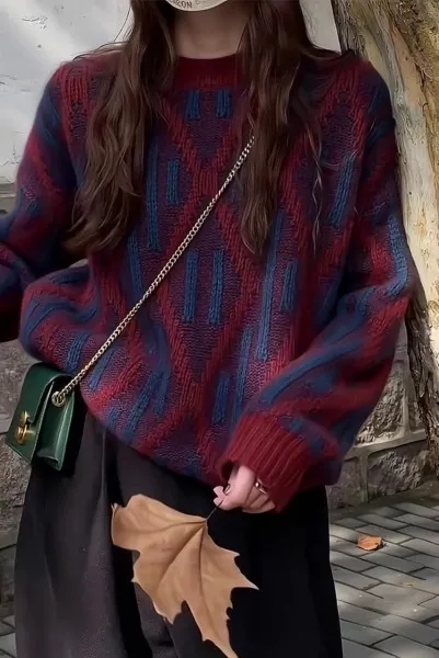 Rhombus Contrast Color Pullover Heavy Industry Sweater For Women Wine Red With Blue - Shop at LoveMi