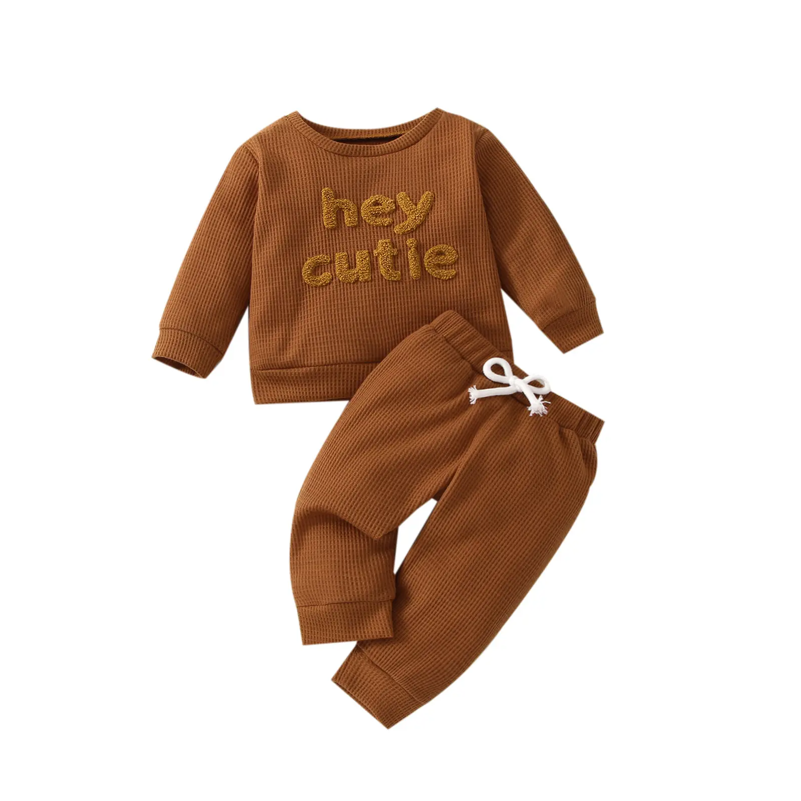 Waffle Solid Color Letter Long Sleeve Top Trousers Suit