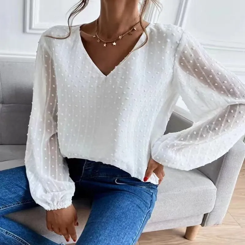 Long Sleeve Loose Pullover V-neck Fake Two-piece Top - White