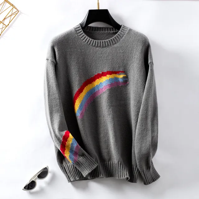 Rainbow Stripes European And American Style Loose Pullover Women Gray - Shop at LoveMi