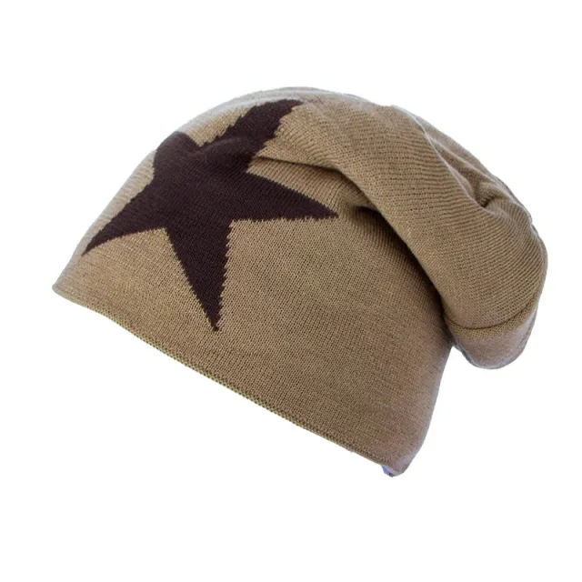 Fleece lined Warm Big Five pointed Star Knitted Woolen Hat Khaki - Shop at LoveMi