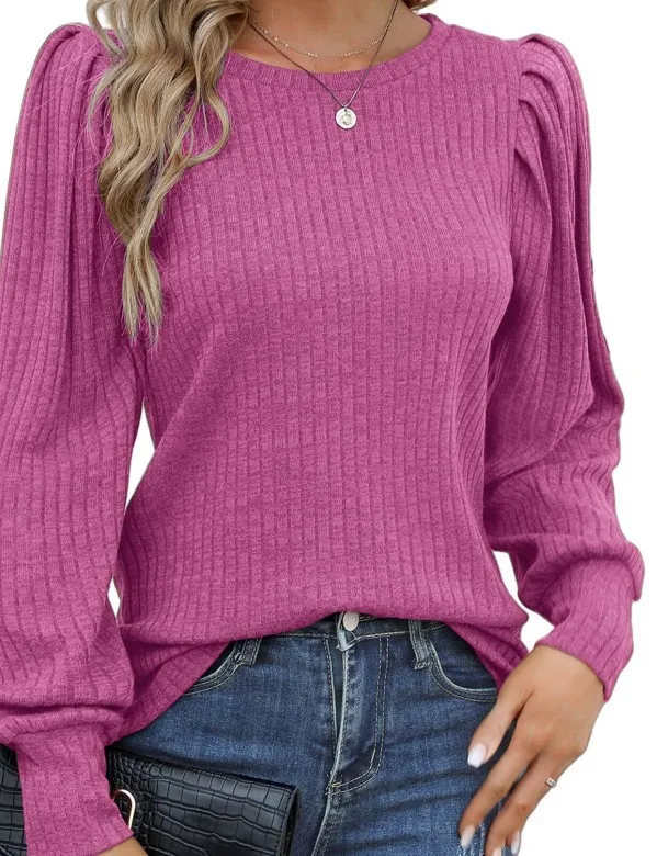 Rib Fabric Round Neck Bubble Shoulder Long Sleeve T-shirt Top - Purplish Red