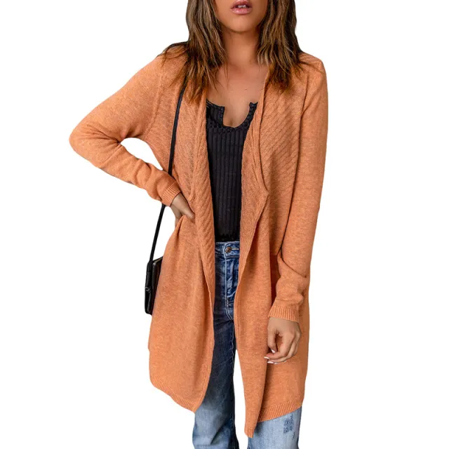 Rib Knitted Sweater Women's European And American Foreign Trade Mid length Cardigan Casual Coat Orange - Shop at LoveMi
