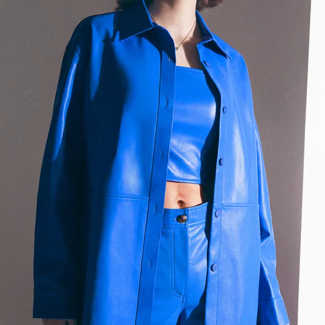 Fashion Long Sleeve Women's PU Shirt Leather Coat Blue - Shop at LoveMi
