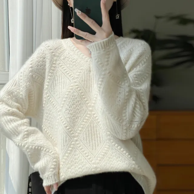 Autumn And Winter New Thickened V neck Sweater Diamond Twisted Loose White - Shop at LoveMi