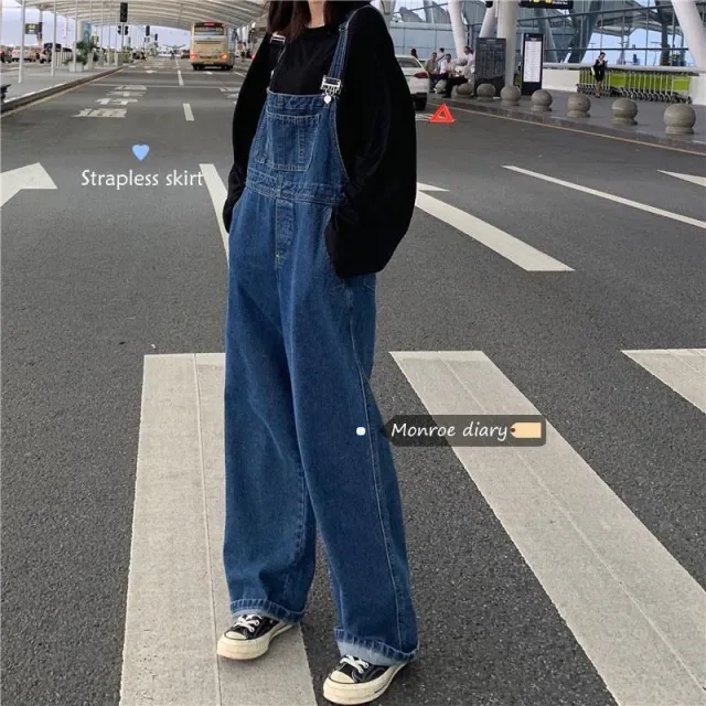 Plus Size High Waist Wide Leg Jeans Suspender Pants For Women Dark Blue - Shop at LoveMi
