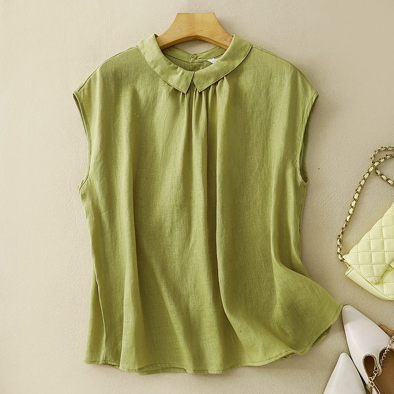 Solid-color Cotton-linen Blouse For Women