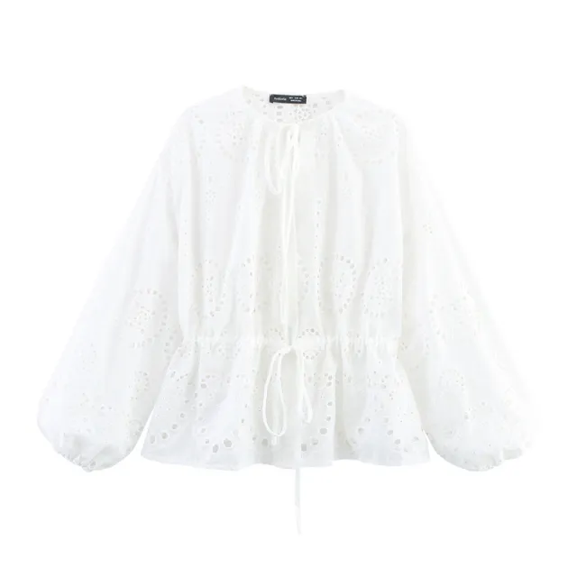 Women's Embroidered Lantern Sleeve Waist controlled Top White - Shop at LoveMi