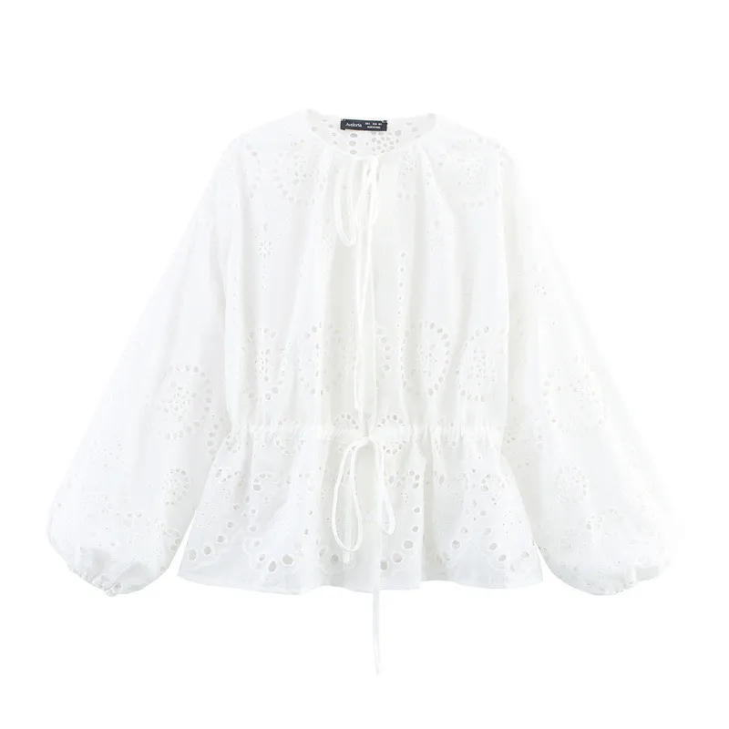 Women's Embroidered Lantern Sleeve Waist-controlled Top - White