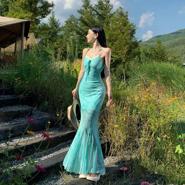 French Style High grade Blooming Mesh Splicing Sling Dress Green - Shop at LoveMi