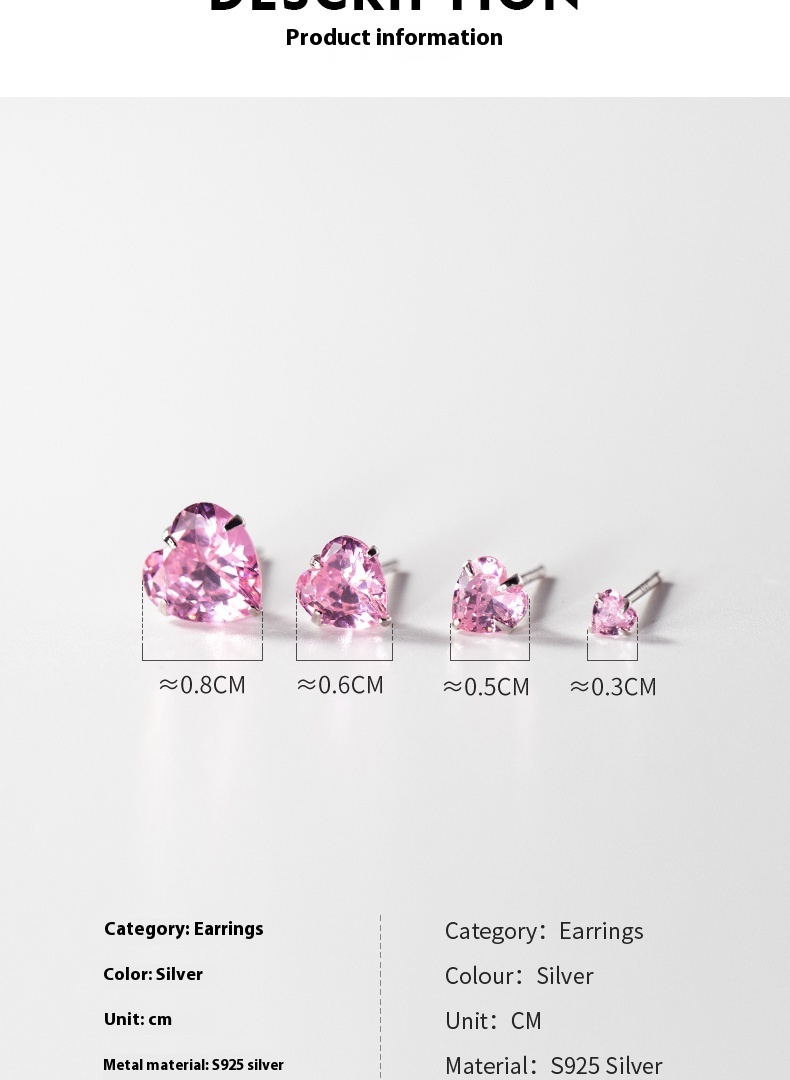 S925 Loving Heart In Sterling Silver Rhinestone Ear Studs Ornament