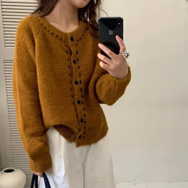New Retro Soft Glutinous Handmade Stitching Round Neck Sweater Coat For Women Yellowish Brown - Shop at LoveMi