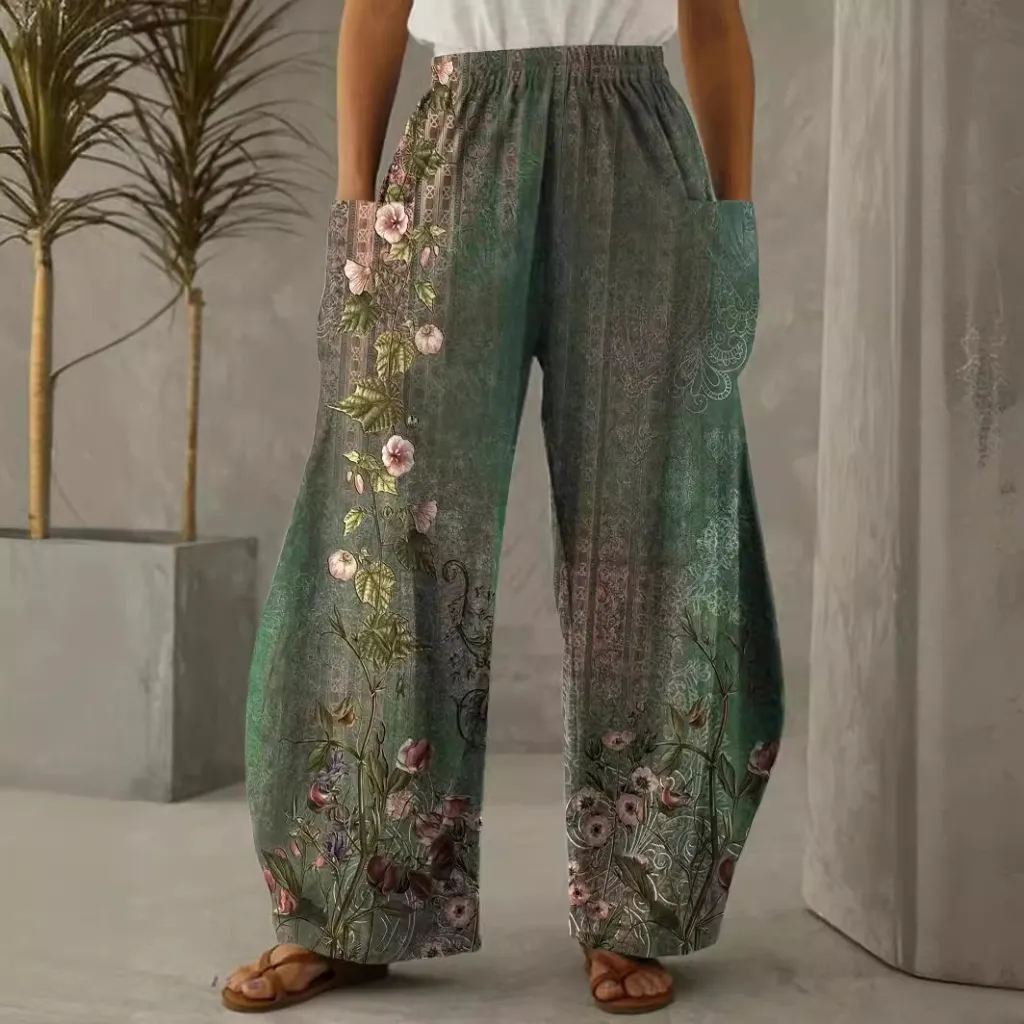 Spring And Summer Retro Floral Pattern Wide Leg Trousers Elastic Waist European And American Style Women's Clothing - Light Green