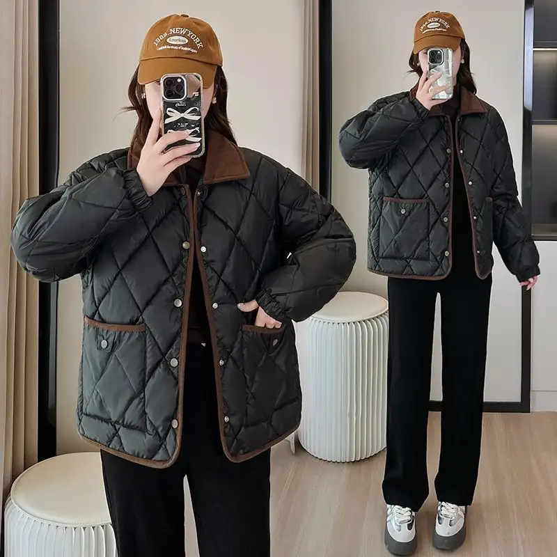 Classic Rhombus Cotton-padded Clothes Disposable PU Leather Loose Contrast Color And Versatile
