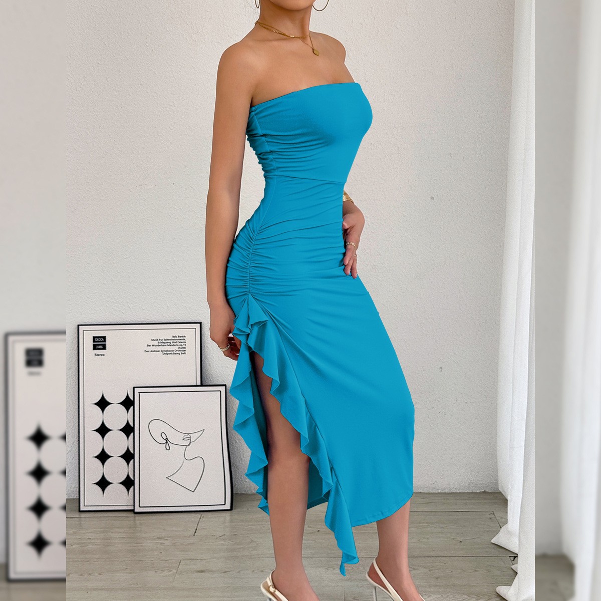 Women's Slim Fit Slit Wrap Bust Bodycon Hot Sexy Dress Peacock Blue - Shop at LoveMi