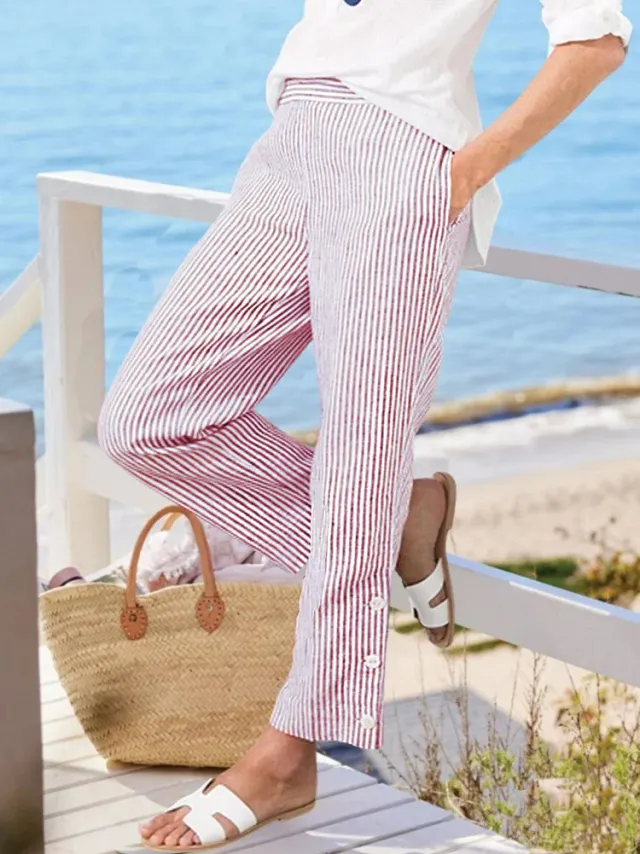 Women's Striped Pants Loose Elastic Waist Pink - Shop at LoveMi