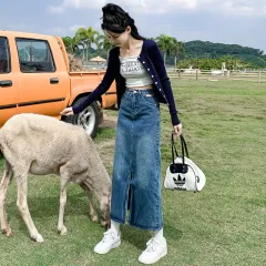 Front Slit High Waist Denim Skirt For Women - Blue C953 - View 1