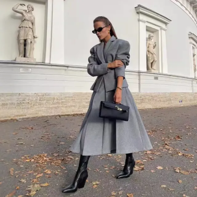 A Line Long Two piece Overskirt Suit Gray - Shop at LoveMi