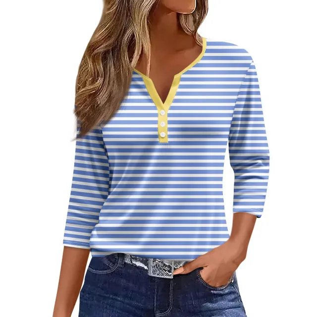 Women's T shirt V neck Three button Printed Short sleeved Top 11Color M - Shop at LoveMi