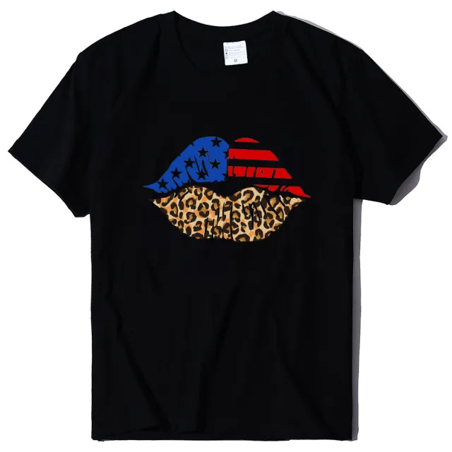 Independence Day Loose Plus Size Flag Printed Lips Women T shirt Black - Shop at LoveMi
