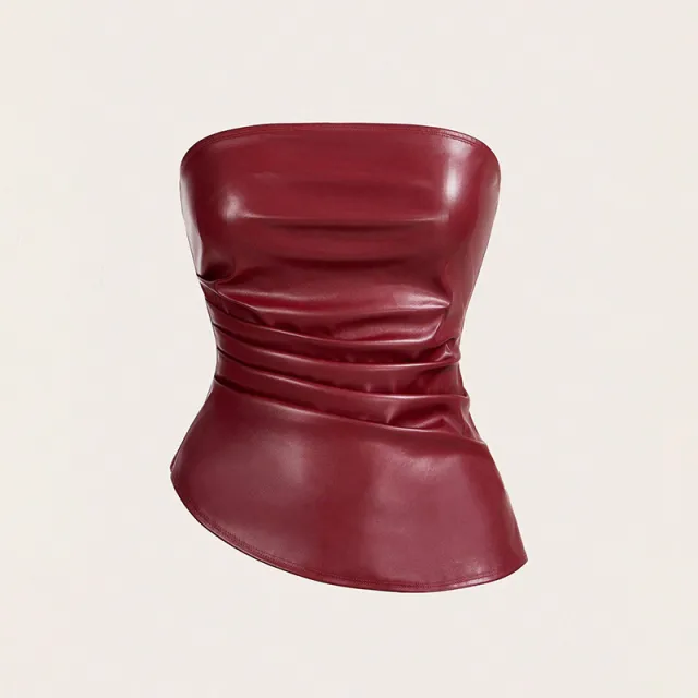 Solid Color Versatile Sexy Strapless Leather Jacket Tube Top Pleated Leather Top S - Shop at LoveMi