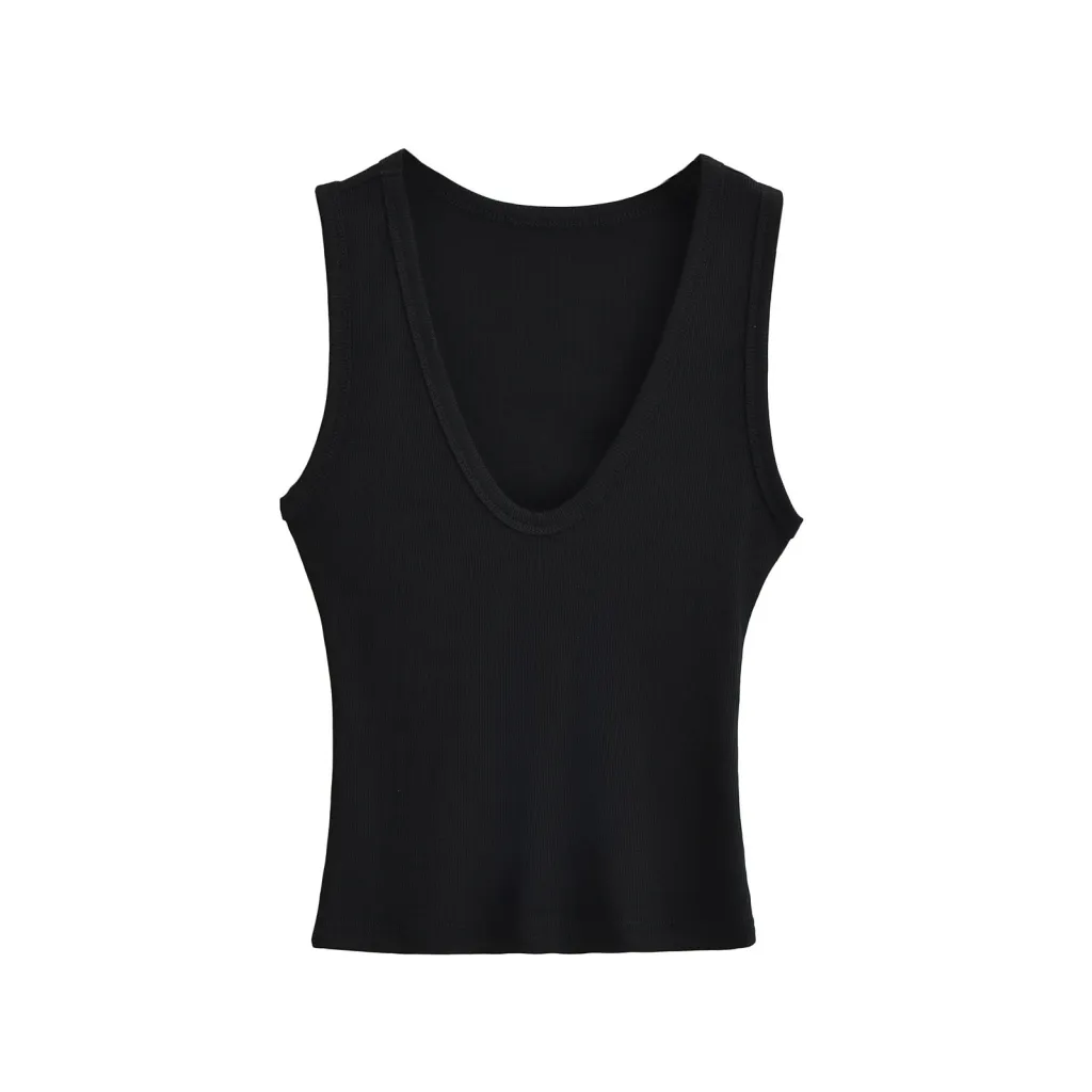 Women's Deep U-neck Vest Short Top - Black